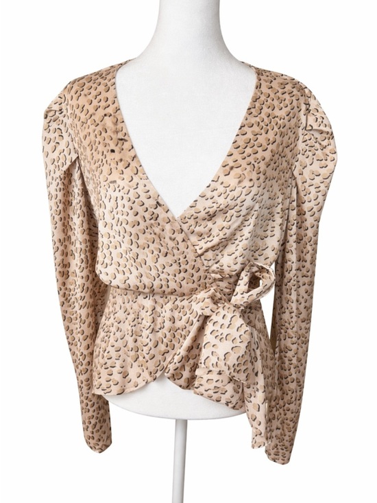 Tops - Wrap Front Long Sleeve Top in Beige Leopard Print